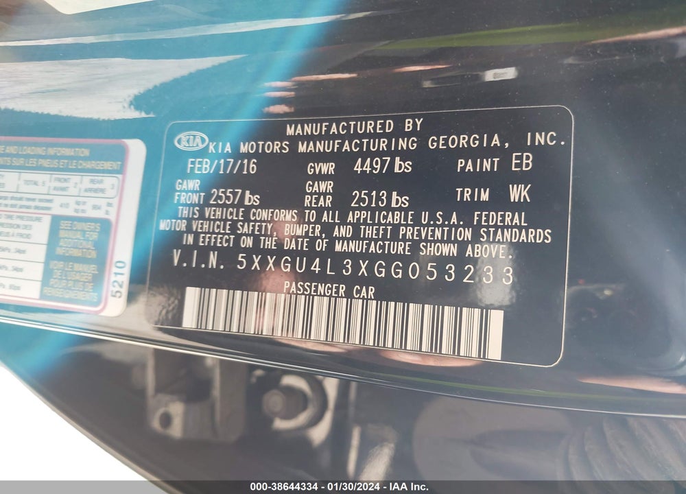 2016 KIA OPTIMA EX VIN: 5XXGU4L3XGG053233