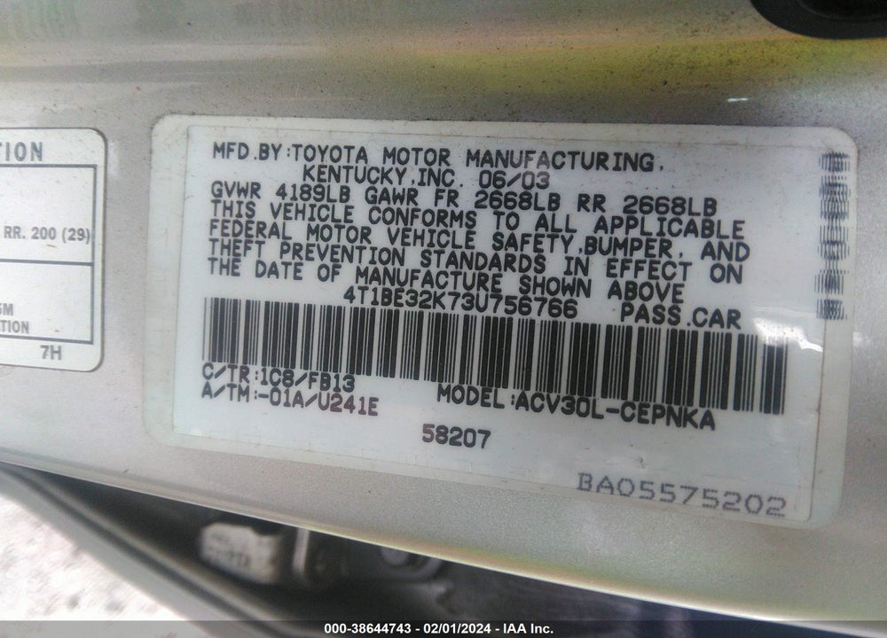 2003 TOYOTA CAMRY LE VIN: 4T1BE32K73U756766
