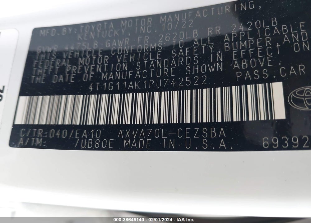 2023 TOYOTA CAMRY SE VIN: 4T1G11AK1PU742522
