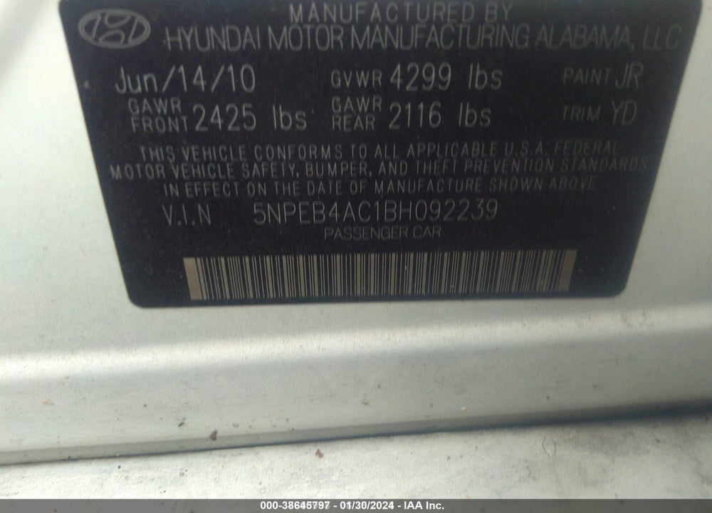 2011 HYUNDAI SONATA GLS VIN: 5NPEB4AC1BH092239