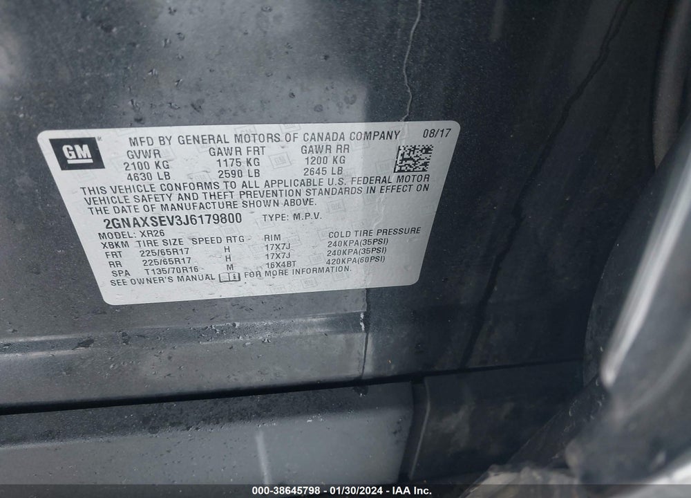 2018 CHEVROLET EQUINOX LT VIN: 2GNAXSEV3J6179800