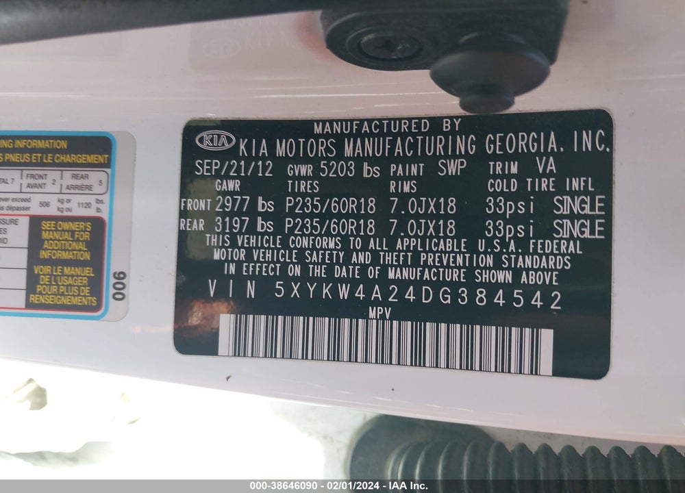 2013 KIA SORENTO SX VIN: 5XYKW4A24DG384542