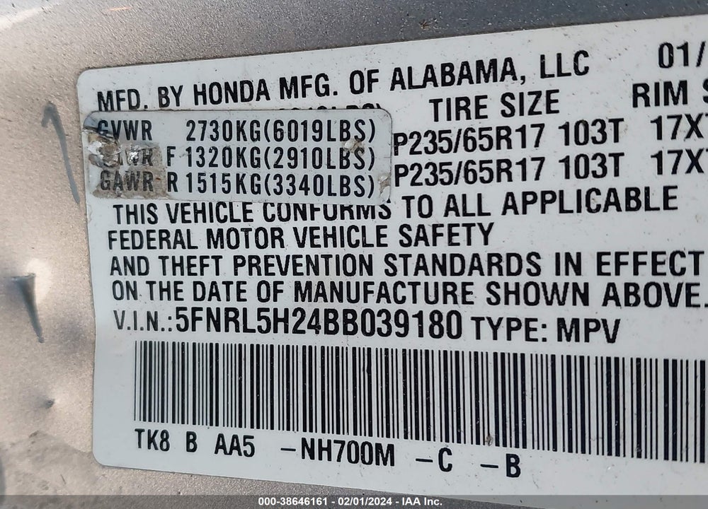 2011 HONDA ODYSSEY LX VIN: 5FNRL5H24BB039180
