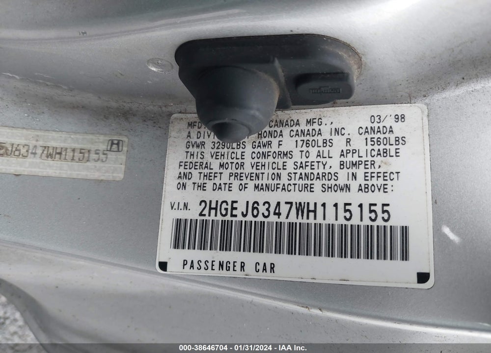 1998 HONDA CIVIC DX VIN: 2HGEJ6347WH115155