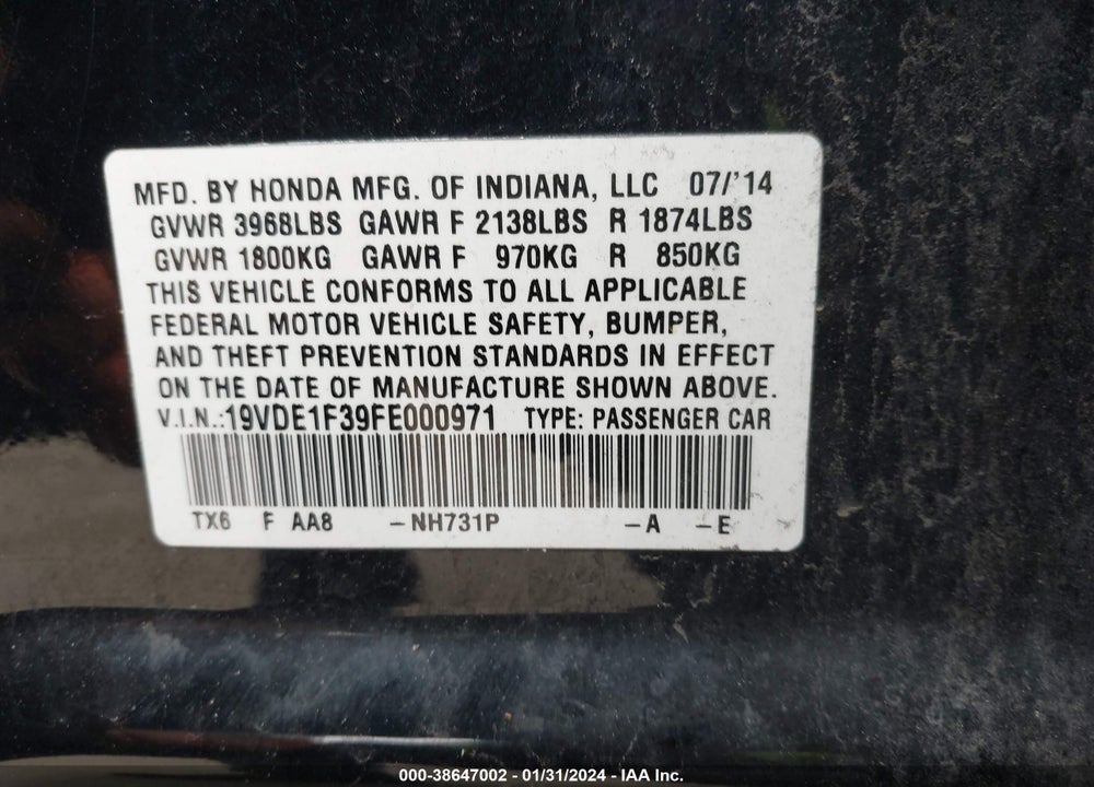 2015 ACURA ILX 2.0L VIN: 19VDE1F39FE000971