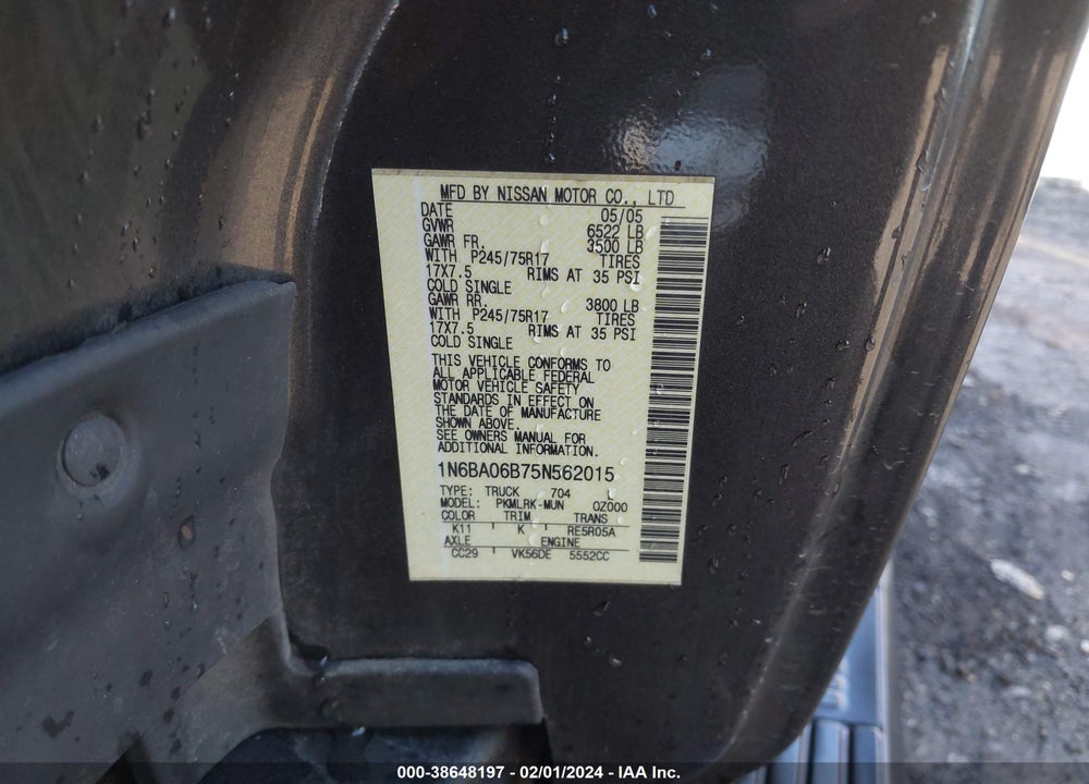 2005 NISSAN TITAN XE VIN: 1N6BA06B75N562015
