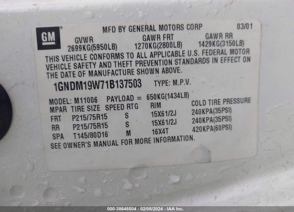 2001 CHEVROLET ASTRO PASSENGER LS VIN: 1GNDM19W71B137503