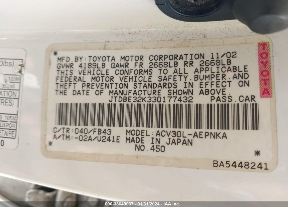 2003 TOYOTA CAMRY LE/SE/XLE VIN: JTDBE32K330177432