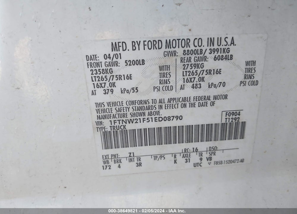 2001 FORD F-250 LARIAT/XL/XLT VIN: 1FTNW21F51ED08790