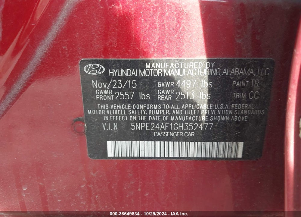 2016 HYUNDAI SONATA SE VIN: 5NPE24AF1GH352477