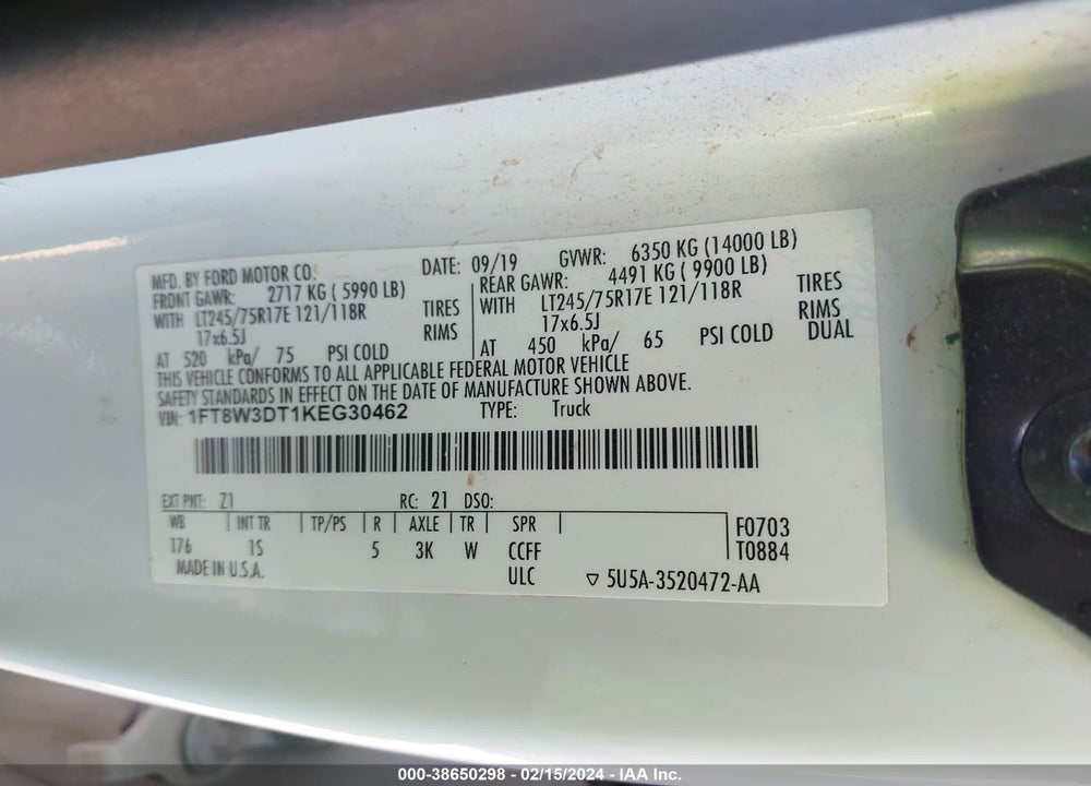 2019 FORD F-350 XL VIN: 1FT8W3DT1KEG30462