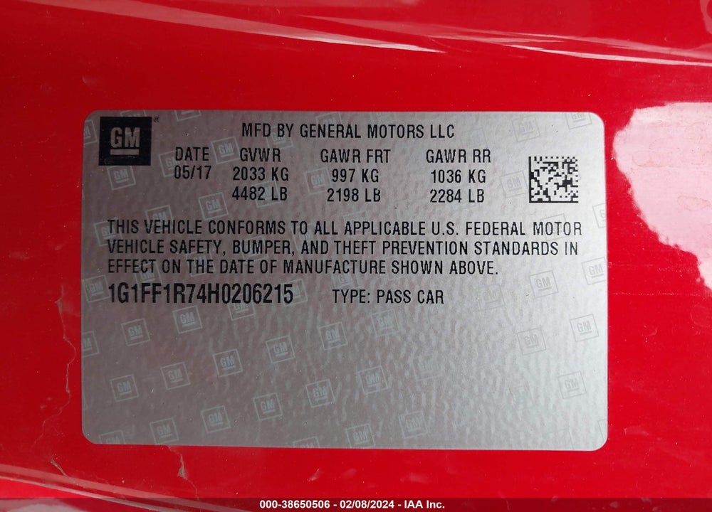 2017 CHEVROLET CAMARO 1SS VIN: 1G1FF1R74H0206215