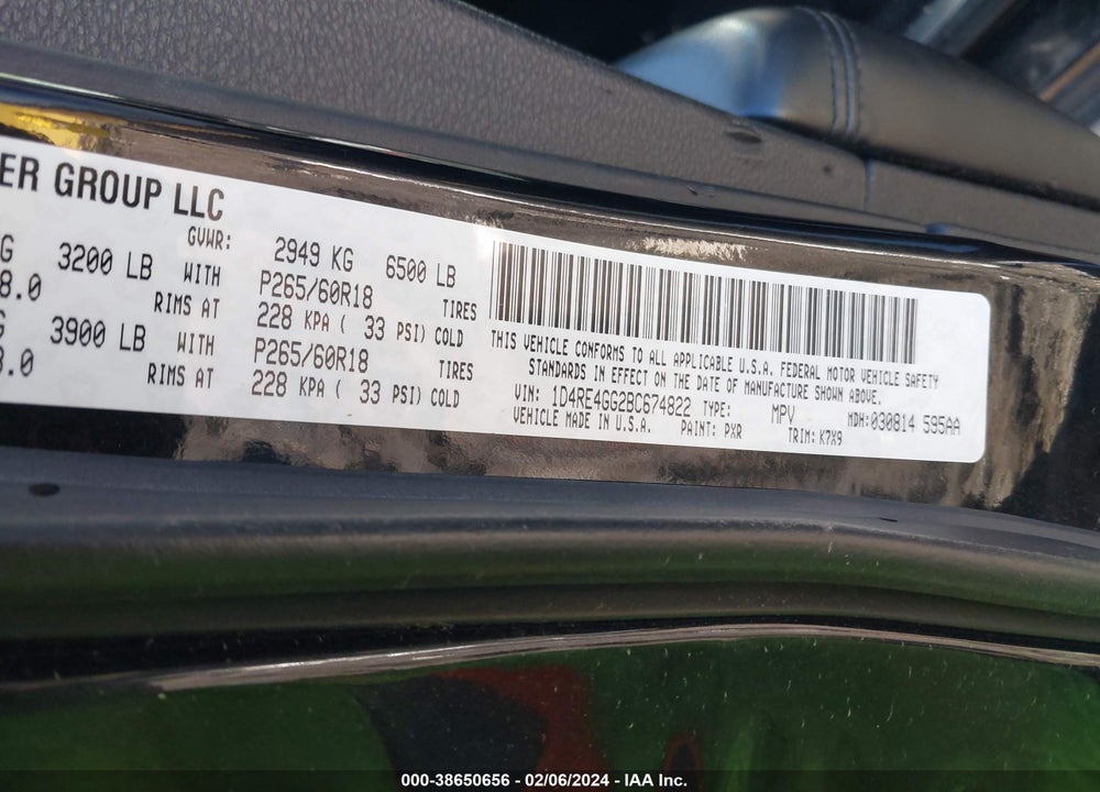 2011 DODGE DURANGO CREW VIN: 1D4RE4GG2BC674822