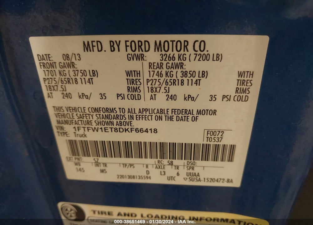 2013 FORD F-150 XLT VIN: 1FTFW1ET8DKF66418