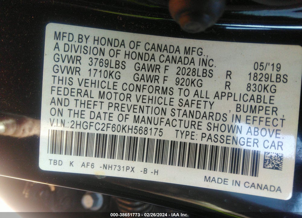 2019 HONDA CIVIC LX VIN: 2HGFC2F60KH568175