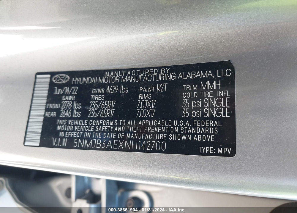 2022 HYUNDAI TUCSON SEL VIN: 5NMJB3AEXNH142700