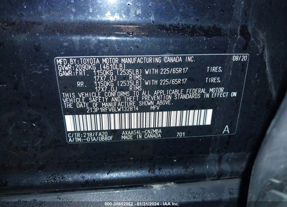 2020 TOYOTA RAV4 XLE VIN: 2T3P1RFV6LW132814