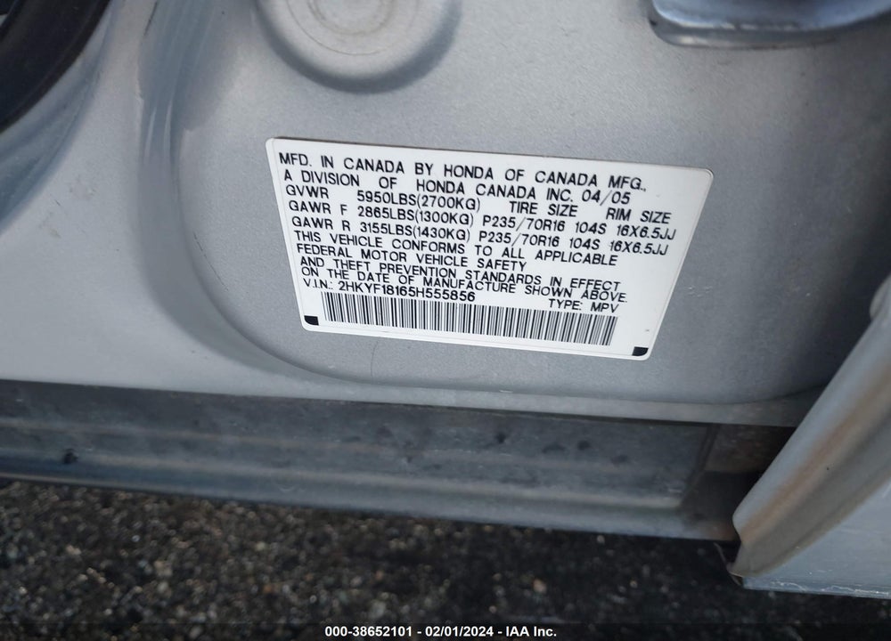 2005 HONDA PILOT LX VIN: 2HKYF18165H555856