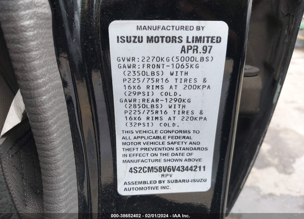 1997 ISUZU RODEO LS/S VIN: 4S2CM58V6V4344211