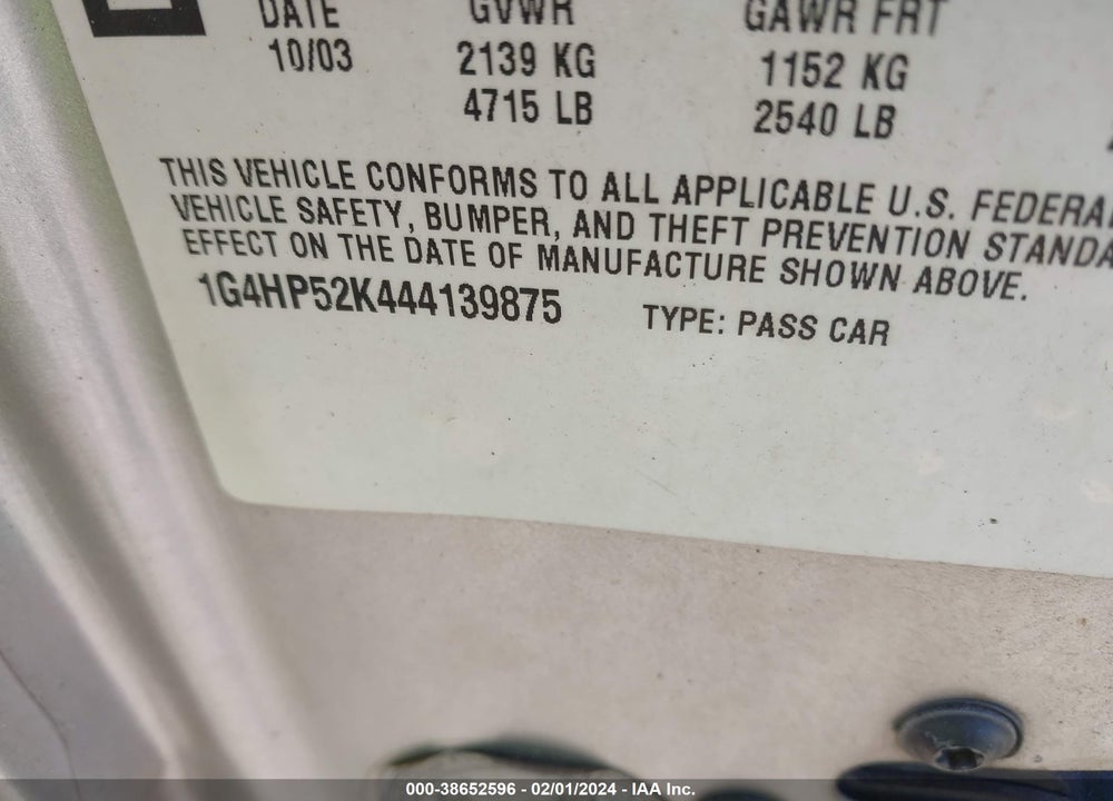 2004 BUICK LESABRE CUSTOM VIN: 1G4HP54K644139874