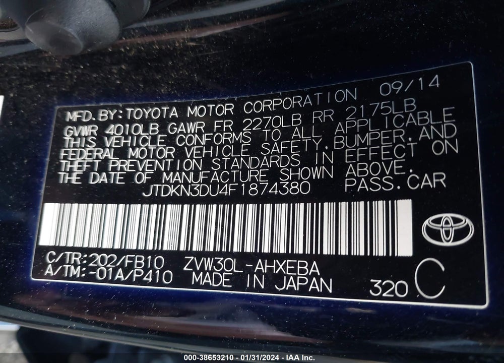 2015 TOYOTA PRIUS THREE VIN: JTDKN3DU4F1874380