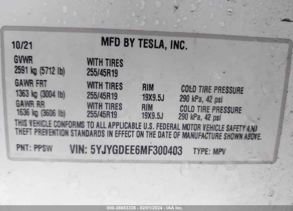 2021 TESLA MODEL Y VIN: 5YJYGDEE6MF300403