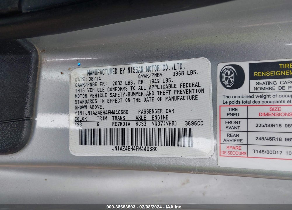 2015 NISSAN 370Z NISMO/NISMO TECH/SPORT/SPORT TECH/TOURING VIN: JN1AZ4EH4FM440680