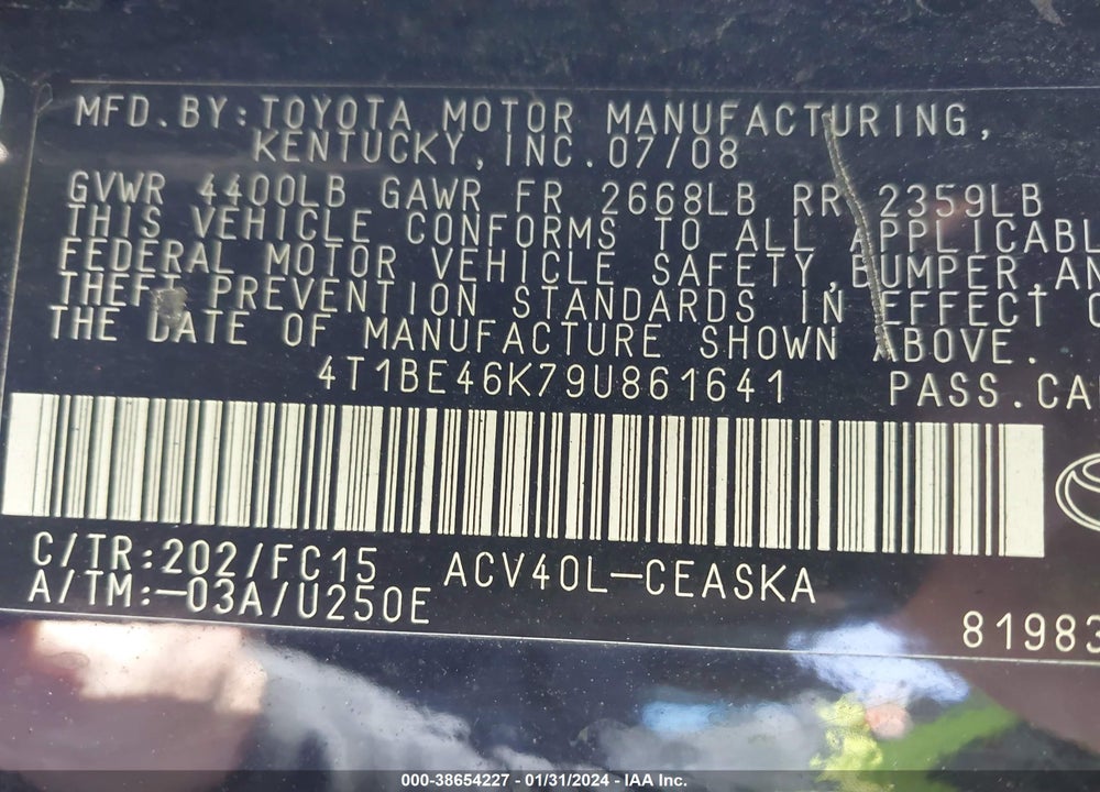 2009 TOYOTA CAMRY SE VIN: 4T1BE46K79U861641