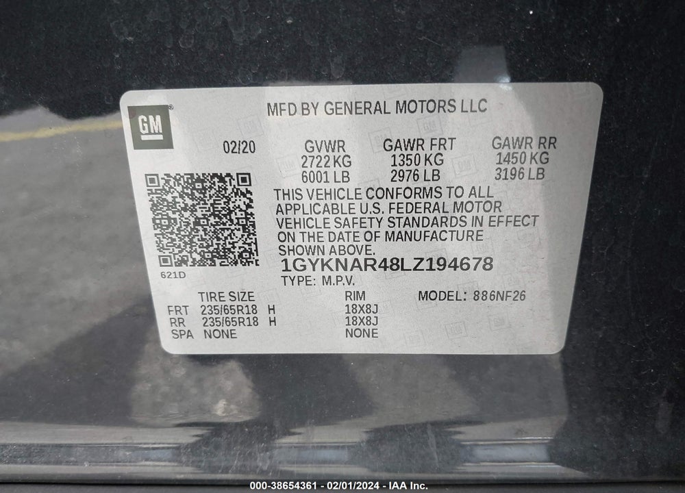 2020 CADILLAC XT5 FWD LUXURY VIN: 1GYKNAR48LZ194678