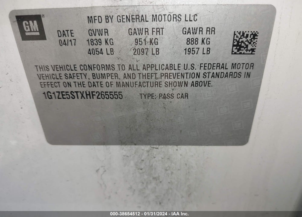 2017 CHEVROLET MALIBU 1LT VIN: 1G1ZE5STXHF265555