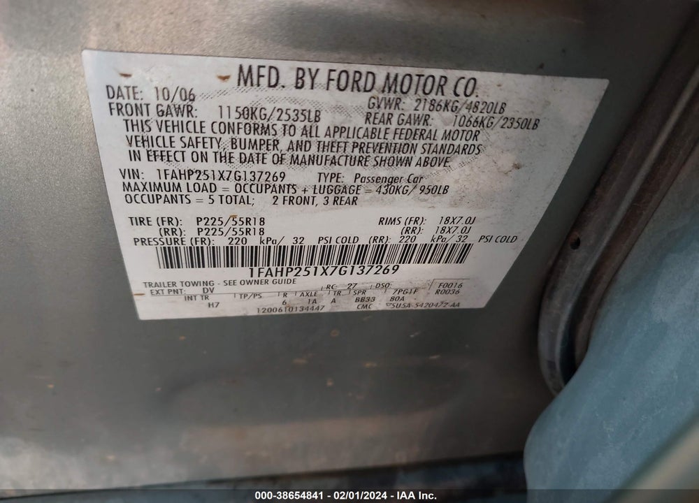 2007 FORD FIVE HUNDRED LIMITED VIN: 1FAHP251X7G137269