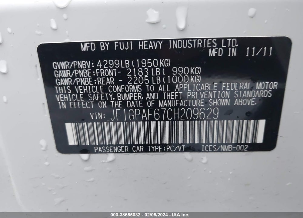 2012 SUBARU IMPREZA 2.0I PREMIUM VIN: JF1GPAF67CH209629