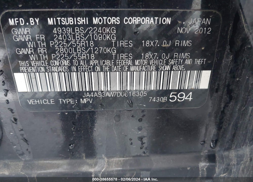 2013 MITSUBISHI OUTLANDER VIN: JA4AS3AW7DU016305