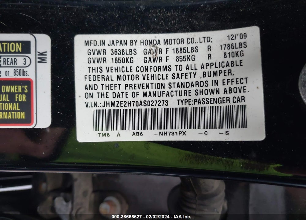 2010 HONDA INSIGHT EX VIN: JHMZE2H70AS027273