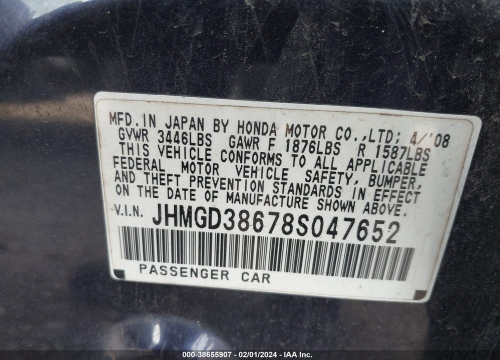 2008 HONDA FIT SPORT VIN: JHMGD38678S047652