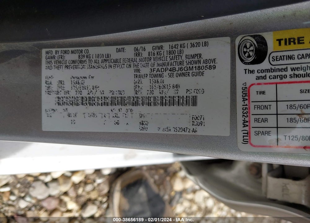 2016 FORD FIESTA SE VIN: 3FADP4BJ6GM180589