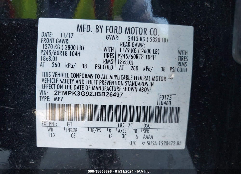 2018 FORD EDGE SE VIN: 2FMPK3G92JBB26497