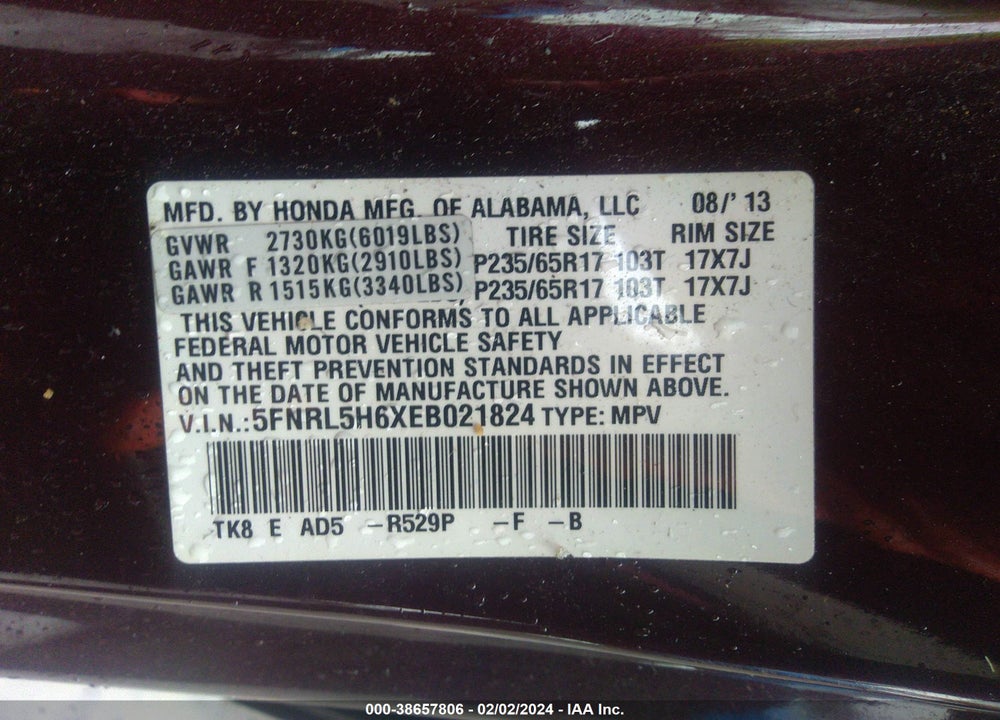 2014 HONDA ODYSSEY EX-L VIN: 5FNRL5H6XEB021824