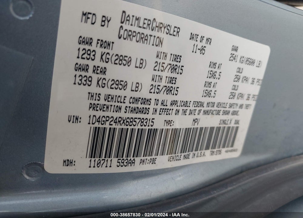 2006 DODGE GRAND CARAVAN SE VIN: 1D4GP24RX6B578315