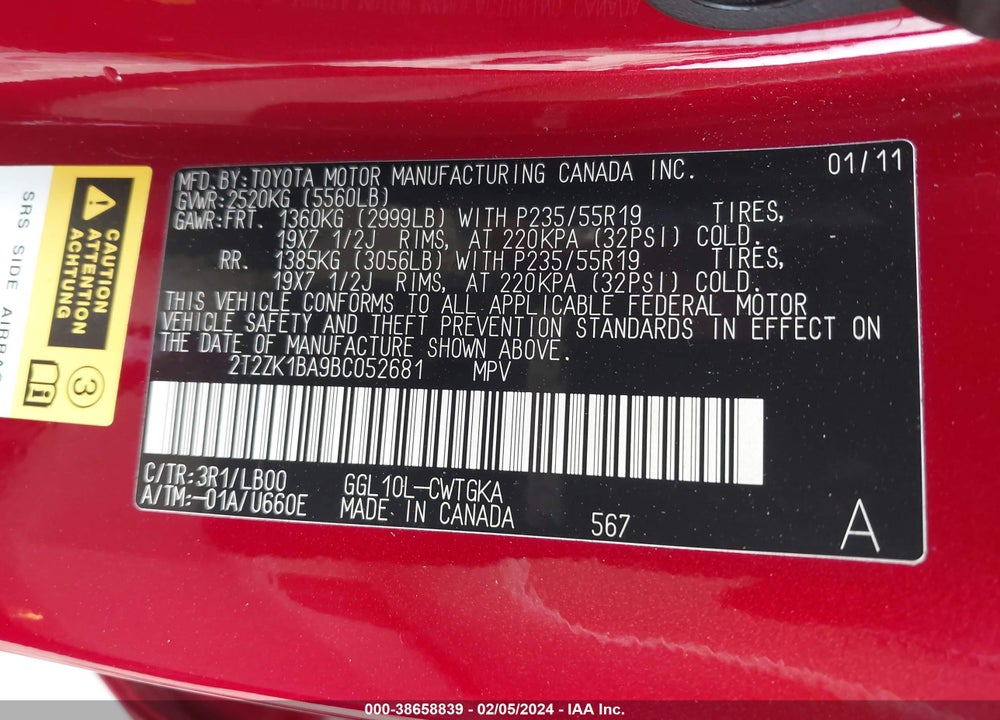 2011 LEXUS RX 350 VIN: 2T2ZK1BA9BC052681