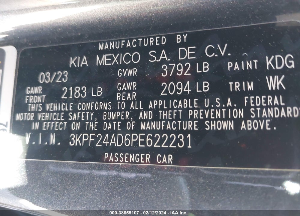 2023 KIA FORTE LXS VIN: 3KPF24AD6PE622231