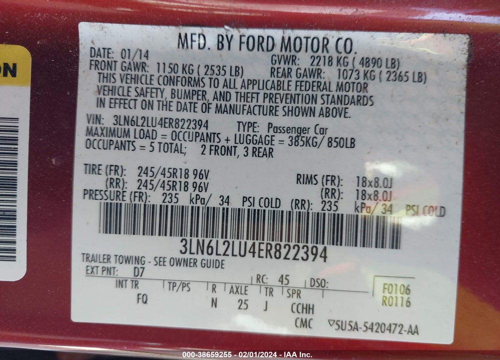 2014 LINCOLN MKZ HYBRID VIN: 3LN6L2LU4ER822394