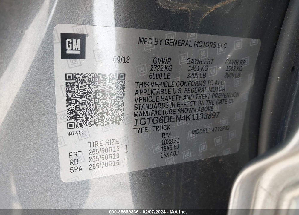 2019 GMC CANYON VIN: 1GTG6DEN4K1133897