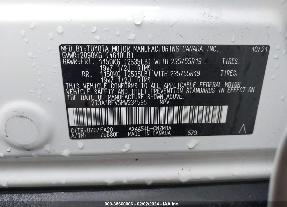 2021 TOYOTA RAV4 XLE PREMIUM VIN: 2T3A1RFV5MW234595