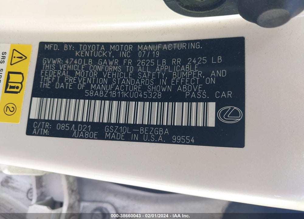 2019 LEXUS ES 350 VIN: 58ABZ1B11KU045328
