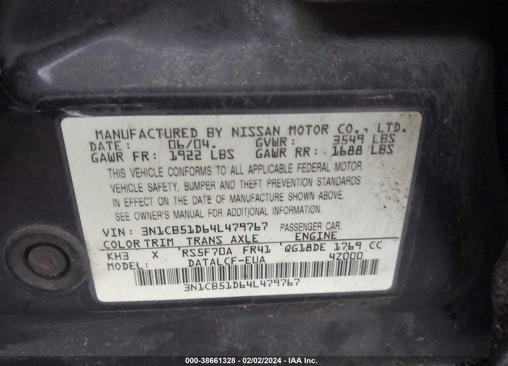 2004 NISSAN SENTRA 1.8 VIN: 3N1CB51D64L479767