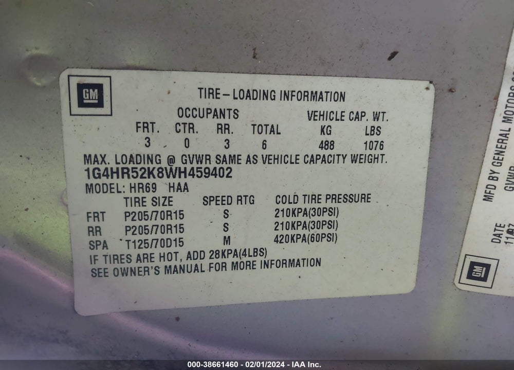 1998 BUICK LESABRE LIMITED VIN: 1G4HR52K8WH459402