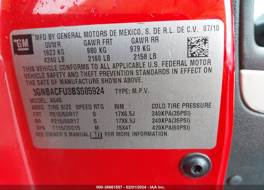 2011 CHEVROLET HHR LT VIN: 3GNBACFU3BS505924