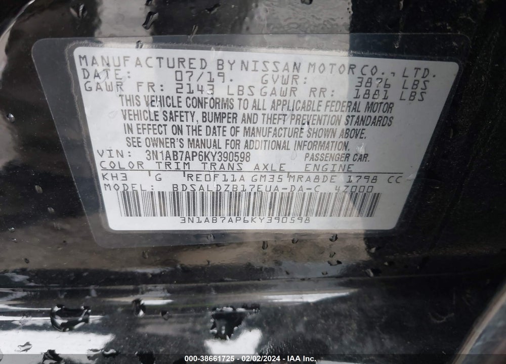 2019 NISSAN SENTRA SV VIN: 3N1AB7AP6KY390598