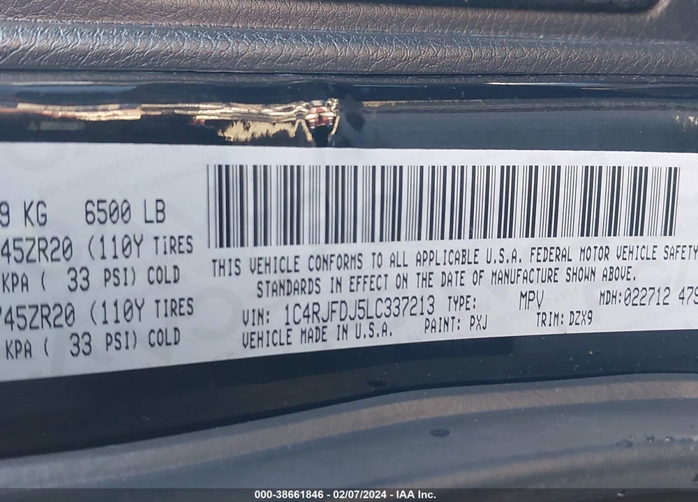 2020 JEEP GRAND CHEROKEE VIN: 1C4RJFDJ5LC337213